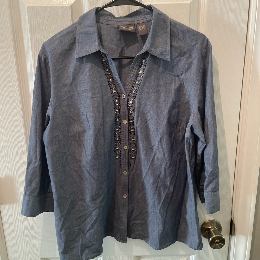 Additions by Chico’s Blouse Embellished Blue 3/4 Sleeve Button Up